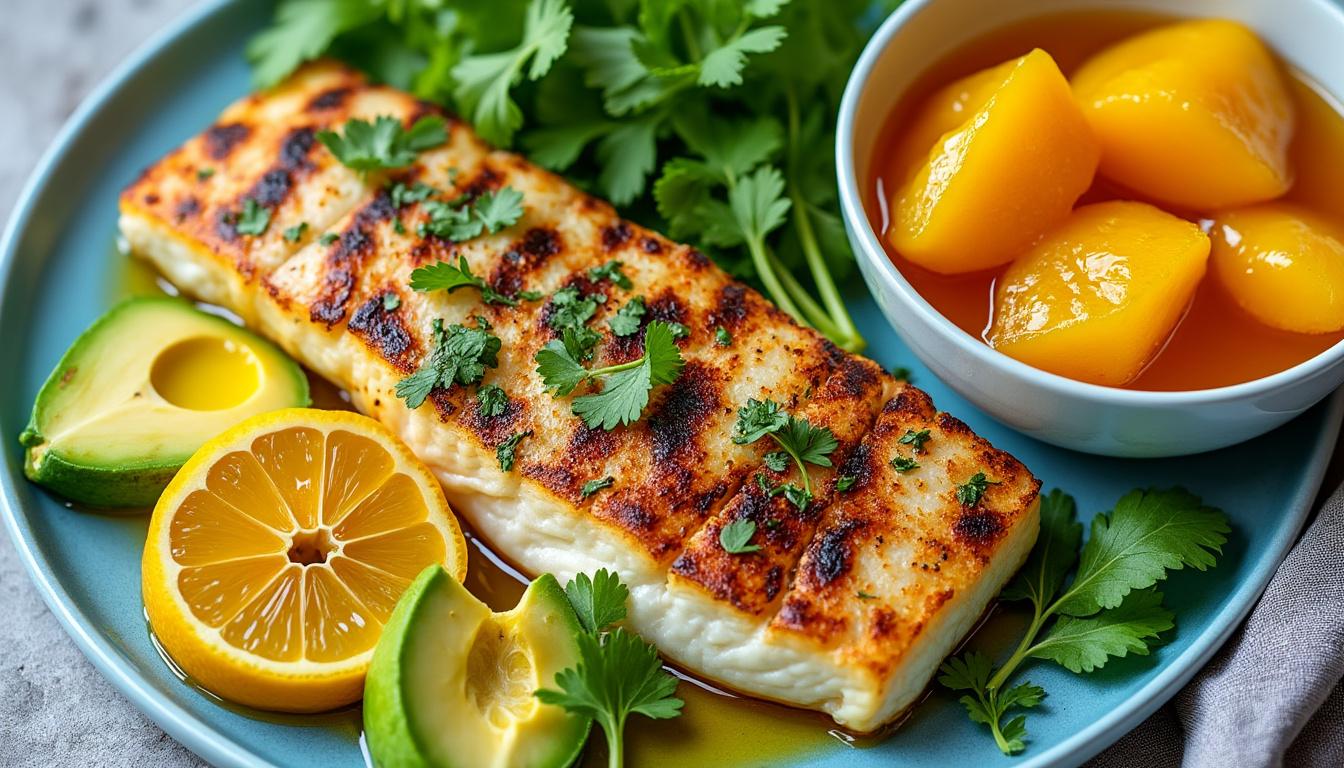 Maïs grillé, avocat et coriandre / Filet de bar grillé, citron confit / Compotée de pêches à la verveine découvrez un menu estival raffiné : maïs grillé à l'avocat et coriandre, filet de bar grillé au citron confit, et compotée de pêches parfumée à la verveine. une explosion de saveurs fraîches idéale pour éveiller vos papilles.