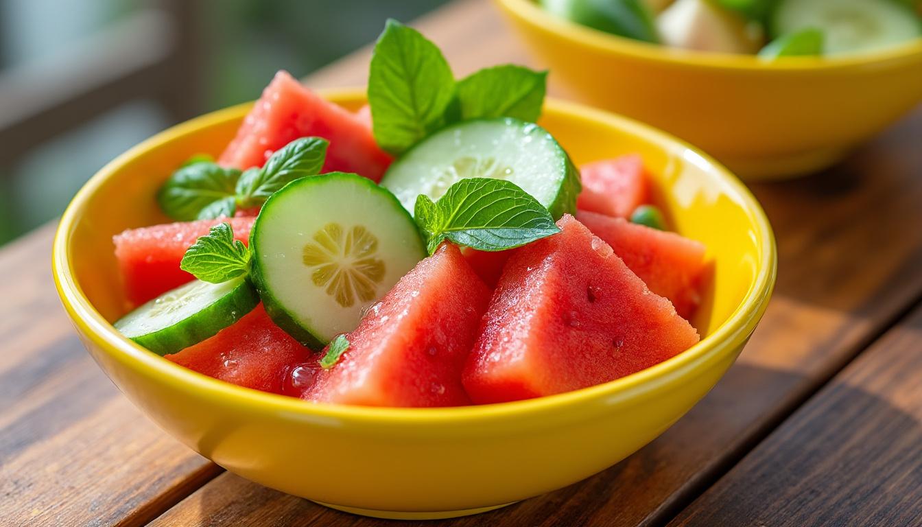 découvrez un menu estival rafraîchissant : salade de melon, concombre et citron vert, poêlée d’aubergines aux pois chiches et cumin, et pour finir une délicieuse salade de figues et groseilles. parfait pour un repas léger et plein de saveurs.