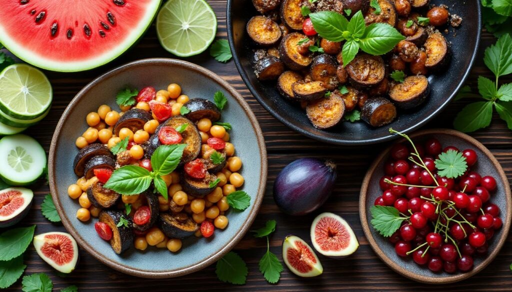 découvrez un menu estival et rafraîchissant : entrée de melon, concombre et citron vert, poêlée savoureuse d’aubergines, pois chiches et cumin, suivie d’une salade gourmande aux figues et groseilles.