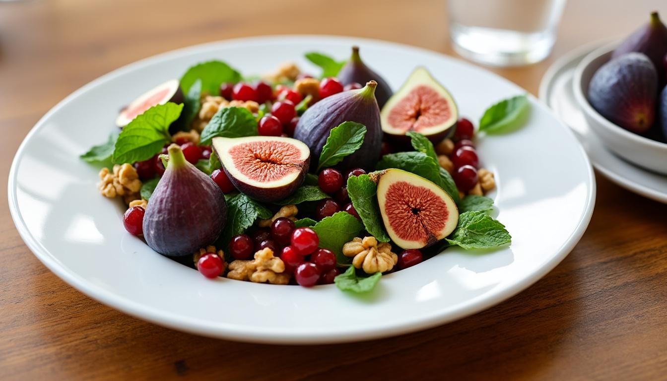 découvrez des recettes estivales : salade rafraîchissante de melon, concombre et citron vert ; poêlée épicée d’aubergines aux pois chiches et cumin ; et salade sucrée de figues et groseilles.