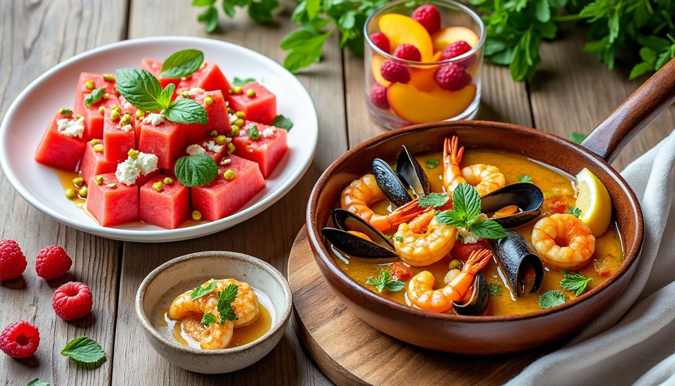 découvrez des recettes estivales rafraîchissantes : melon à la feta et pistaches croquantes, bouillabaisse express facile à préparer, et une salade gourmande de pêches et framboises. idéal pour un repas léger et savoureux.