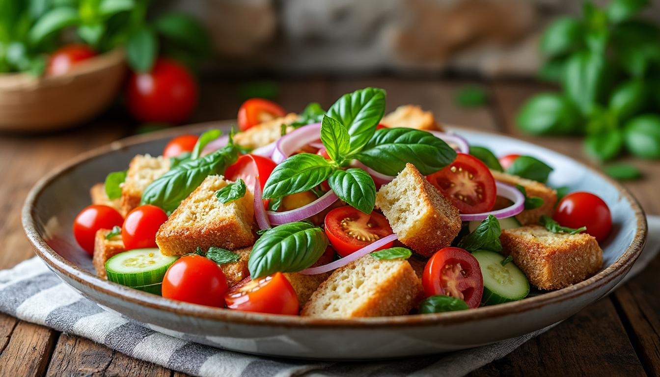 découvrez un menu estival aux saveurs méditerranéennes : panzanella de pain complet et basilic, sauté de crevettes à l’ail et citron vert, suivi de pêches fraîches pochées au basilic. une expérience gourmande, légère et parfumée.