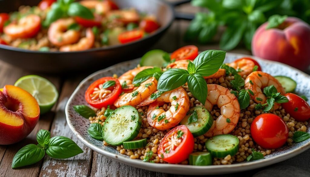 découvrez un menu estival savoureux : une panzanella de pain complet au basilic, des crevettes sautées à l’ail et citron vert, et des pêches pochées parfumées au basilic. frais, gourmand et parfait pour les beaux jours !