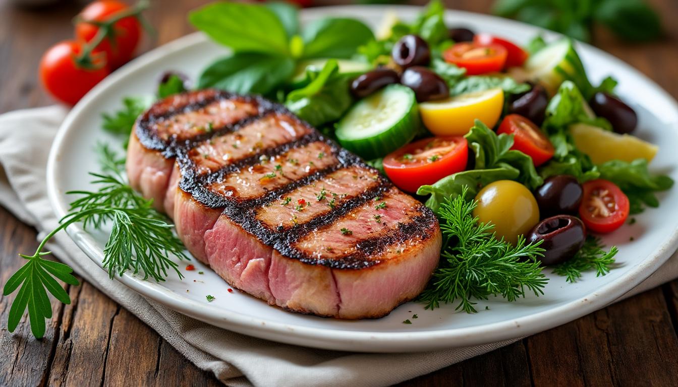 Panzanella toscane / Thon grillé aux herbes et salade tiède / Fromage blanc, miel et amandes découvrez un menu savoureux aux accents italiens : panzanella toscane fraîche, thon grillé parfumé aux herbes avec une salade tiède, suivi d’un dessert gourmand au fromage blanc, miel et amandes. parfait pour un repas équilibré et raffiné.