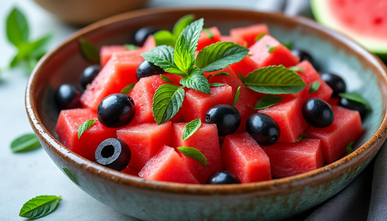 découvrez un menu estival et savoureux : une entrée fraîche de pastèque, olives noires et menthe, suivie d'une tourte gourmande aux légumes grillés, et terminez sur une note sucrée avec un clafoutis aux mirabelles.