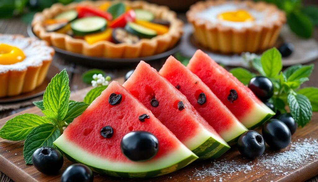 découvrez un menu estival et savoureux composé de salade de pastèque aux olives noires et à la menthe, d'une tourte gourmande aux légumes grillés, suivi d'un clafoutis moelleux aux mirabelles. des recettes fraîches et colorées à partager !