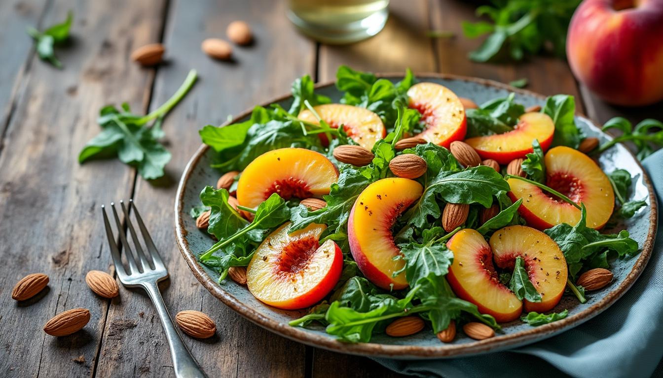 Pêches blanches, roquette et amandes / Lasagnette courgette-ricotta / Compote d’abricots et amandes découvrez un menu estival alliant fraîcheur et gourmandise : pêches blanches, roquette et amandes croquantes en entrée, lasagnette aux courgettes et ricotta en plat principal, puis une compote d’abricots aux amandes en dessert. idéal pour un repas léger et savoureux !
