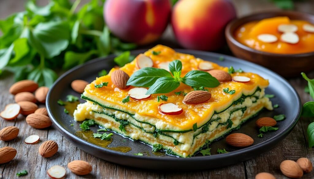 savourez un menu estival alliant fraîcheur et gourmandise : pêches blanches croquantes, roquette et amandes en entrée, lasagnette fondante à la courgette et ricotta, suivie d’une compote d’abricots et amandes pour une touche sucrée.