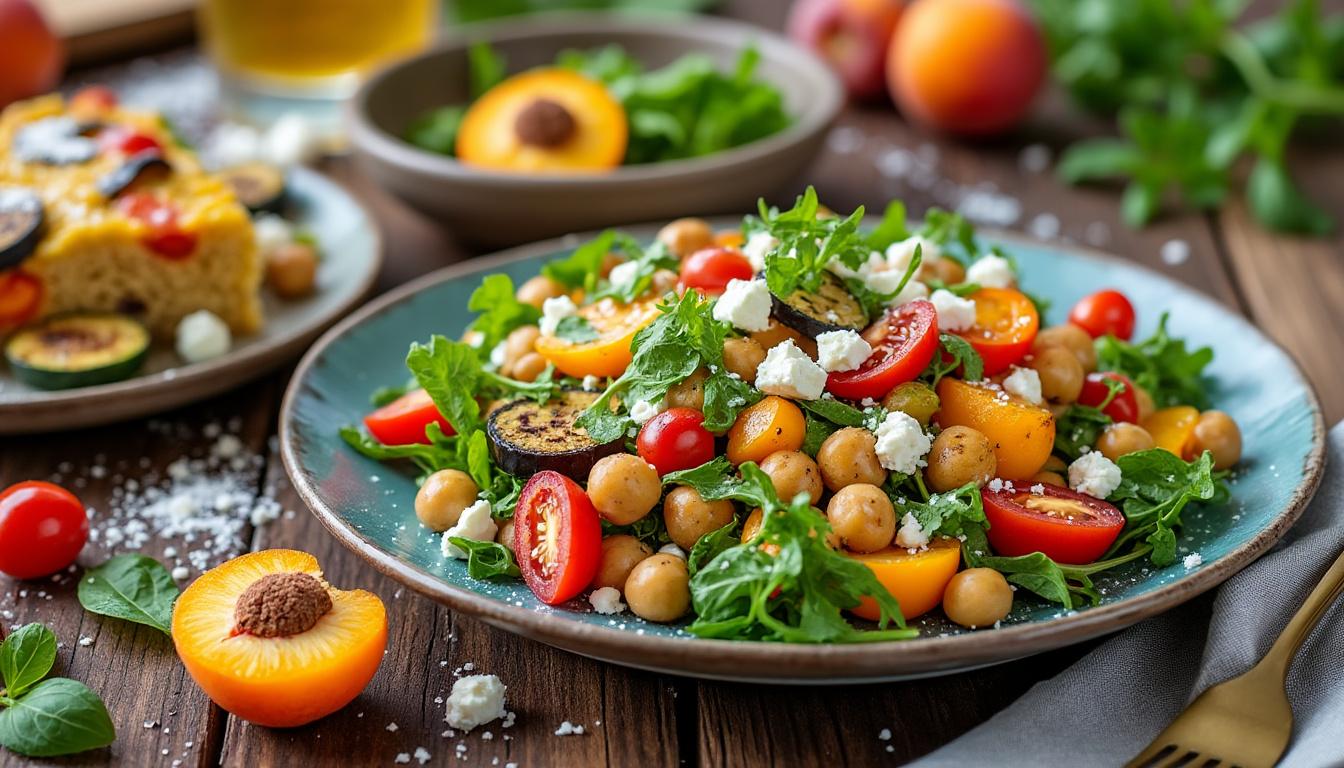 découvrez des recettes fraîches et savoureuses : salade de pois chiches, tomates et feta, salade de quinoa aux légumes grillés et feta, et clafoutis moelleux aux abricots. idéal pour un repas d'été équilibré et gourmand !