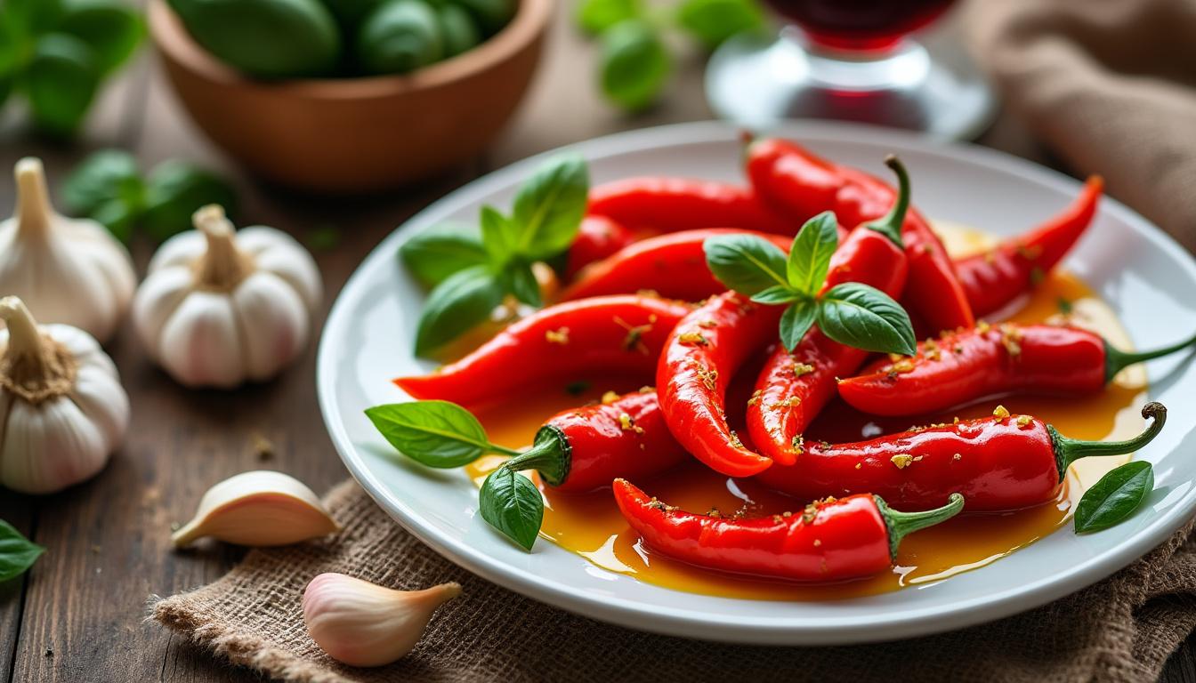 Poivrons marinés à l’ail / Poisson du marché au four, tomates-basilic / Sorbet à la pêche dégustez un menu raffiné : poivrons marinés à l’ail en entrée, poisson du marché au four accompagné de tomates et de basilic en plat principal, suivi d’un sorbet à la pêche rafraîchissant pour finir en douceur.