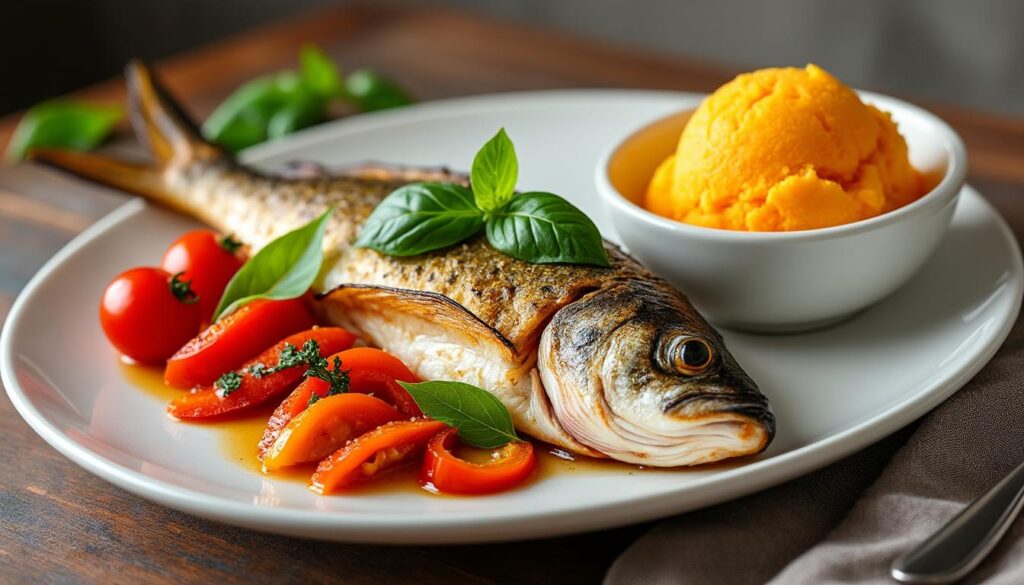 dégustez un menu frais et savoureux : poivrons marinés à l’ail en entrée, poisson du marché rôti au four avec tomates et basilic en plat principal, suivi d’un sorbet à la pêche rafraîchissant en dessert.