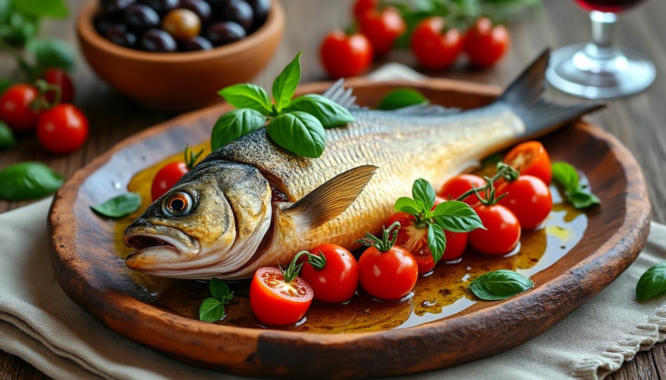 Poivrons marinés à l’ail / Poisson du marché au four, tomates-basilic / Sorbet à la pêche dégustez un menu savoureux : poivrons marinés à l’ail en entrée, poisson frais du marché rôti au four avec tomates et basilic en plat principal, suivi d’un sorbet à la pêche fruité pour une touche sucrée et rafraîchissante.
