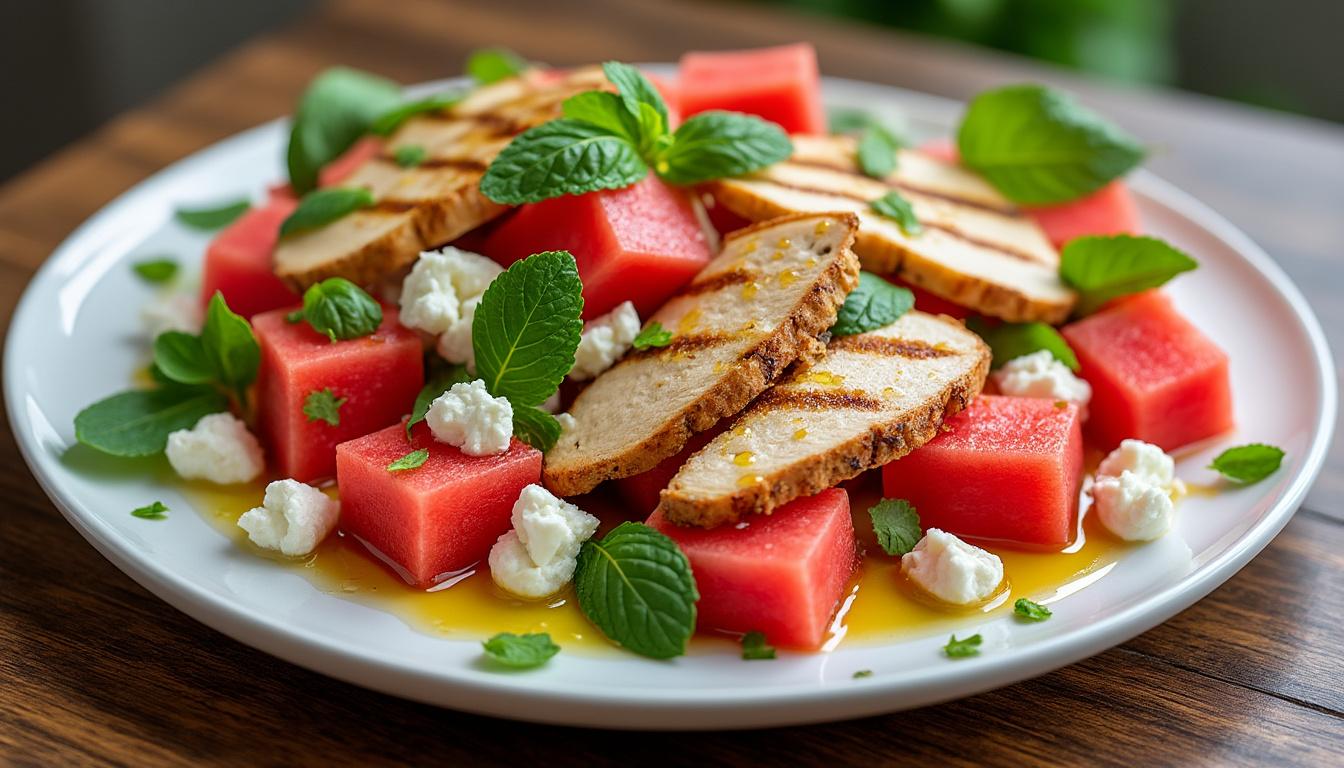 Rillettes de maquereau fumé / Salade de pastèque, feta et poulet grillé / Panna cotta au citron vert découvrez un menu d'été savoureux : dégustez nos rillettes de maquereau fumé, une salade fraîche de pastèque, feta et poulet grillé, puis terminez sur une note légère avec une panna cotta au citron vert. idéal pour un repas gourmand et rafraîchissant.