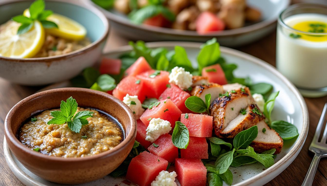 Rillettes de maquereau fumé / Salade de pastèque, feta et poulet grillé / Panna cotta au citron vert découvrez un menu estival savoureux : rillettes de maquereau fumé en entrée, salade rafraîchissante de pastèque, feta et poulet grillé en plat, puis une panna cotta au citron vert en dessert. fraîcheur et gourmandise garanties !