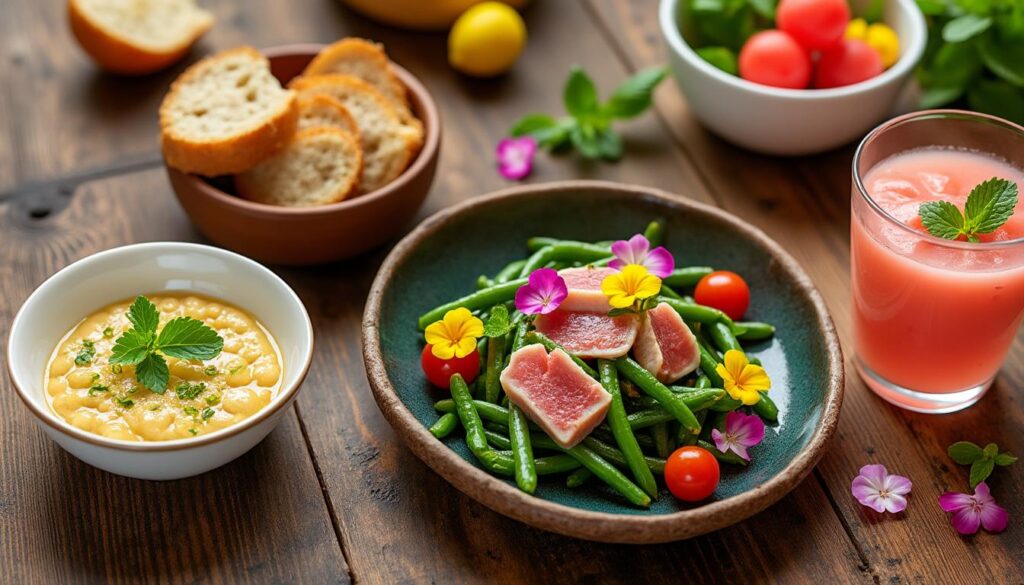 découvrez trois recettes estivales : rillettes de sardines rafraîchies au citron vert, salade tiède de haricots verts au thon, et soupe glacée de pastèque pour une touche sucrée et légère.