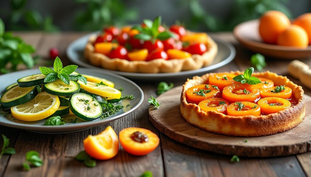 découvrez un menu estival composé d'une salade de courgettes au citron confit et herbes fraîches, suivi d'une savoureuse tarte tatin de tomates cerises, puis terminez par un délicieux gâteau renversé aux abricots. fraîcheur et gourmandise au rendez-vous !