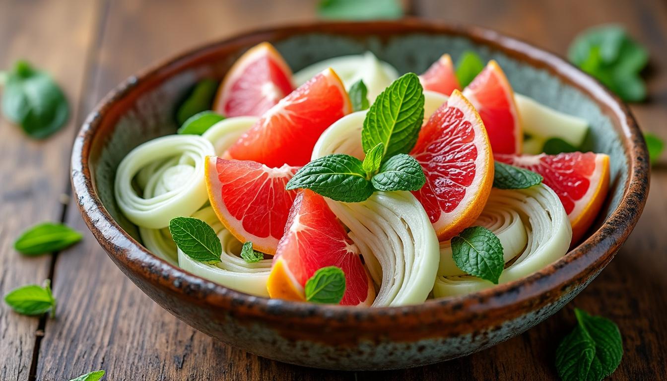 Salade de fenouil, pamplemousse et menthe / Merlu grillé, salsa de pêche / Crumble pêches-nectarines découvrez un menu estival frais et léger : salade croquante de fenouil, pamplemousse et menthe, suivie d’un merlu grillé accompagné d’une salsa de pêche, et terminez sur une note gourmande avec un crumble aux pêches et nectarines.