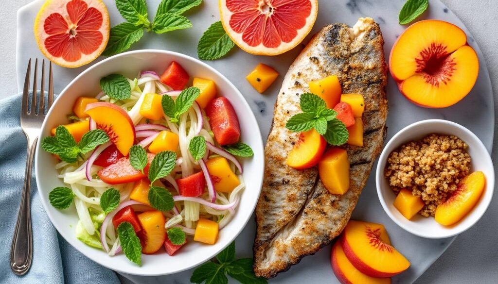 savourez un menu estival : salade croquante de fenouil, pamplemousse et menthe, merlu grillé accompagné d'une salsa de pêche fraîche, suivi d’un crumble gourmand aux pêches et nectarines. fraîcheur et légèreté garanties !