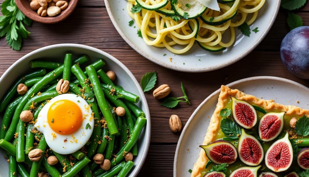 découvrez un menu savoureux : salade de haricots verts agrémentée d'œuf mollet et de noisettes, linguine aux courgettes relevées de citron et parmesan, et tarte fine aux figues pour une touche sucrée. des plats frais et gourmands, parfaits pour une pause gourmande.