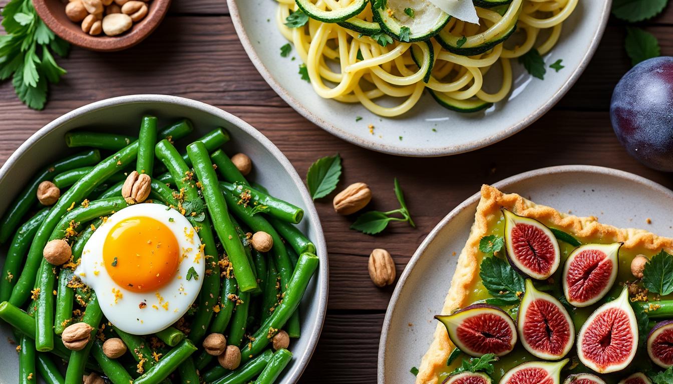 découvrez un menu savoureux : salade de haricots verts agrémentée d'œuf mollet et de noisettes, linguine aux courgettes relevées de citron et parmesan, et tarte fine aux figues pour une touche sucrée. des plats frais et gourmands, parfaits pour une pause gourmande.