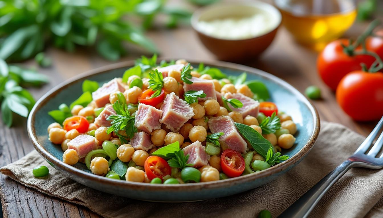 Salade de pois chiches au thon et cébette / Pizza blanche courgette-ricotta / Clafoutis aux nectarines découvrez un menu savoureux avec une salade de pois chiches au thon et cébette, une pizza blanche garnie de courgettes et ricotta, et terminez sur une note fruitée avec un clafoutis aux nectarines.