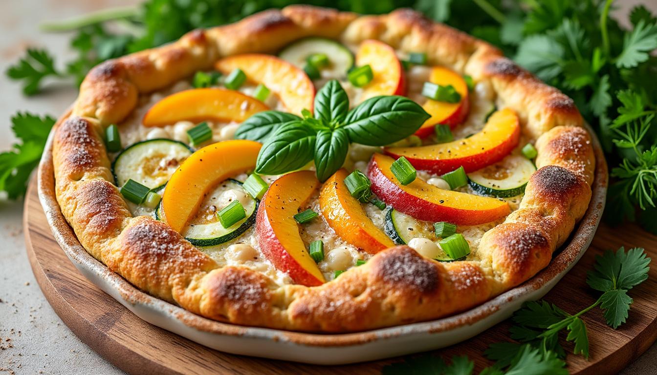 Salade de pois chiches au thon et cébette / Pizza blanche courgette-ricotta / Clafoutis aux nectarines découvrez un menu équilibré avec une salade de pois chiches au thon et cébette, une pizza blanche gourmande courgette-ricotta, et un délicieux clafoutis aux nectarines pour une touche sucrée de saison.