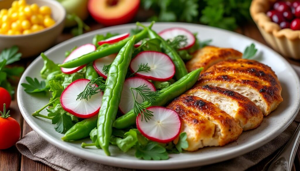 découvrez un menu gourmand et coloré : savourez une salade croquante de pois gourmands et radis, un poulet rôti au paprika doux accompagné de maïs, puis terminez par une délicieuse tarte fine aux prunes rouges.