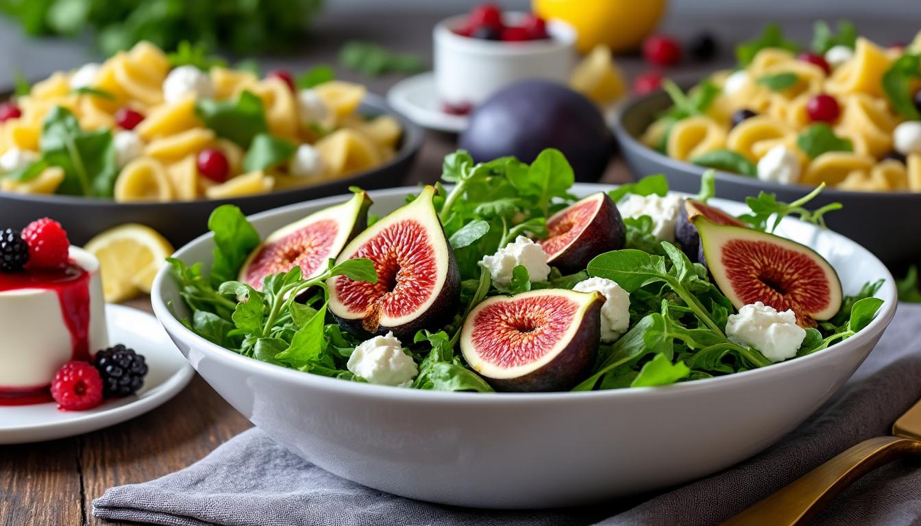 Salade de roquette, figues et chèvre / Farfalles au citron et roquette / Semifreddo aux fruits rouges découvrez un menu savoureux avec une salade de roquette, figues et chèvre, des farfalles au citron et roquette, et un semifreddo aux fruits rouges. fraîcheur, gourmandise et équilibre pour un repas estival idéal.