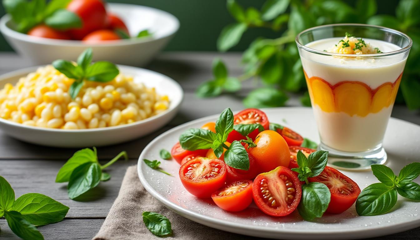 Salade de tomates vertes et herbes fines / Risotto au maïs doux et basilic / Verrine pêches, crème vanille découvrez notre menu estival : savourez une salade de tomates vertes aux herbes fines, un risotto crémeux au maïs doux et basilic, puis une verrine rafraîchissante aux pêches et crème vanille. fraîcheur et gourmandise au rendez-vous !