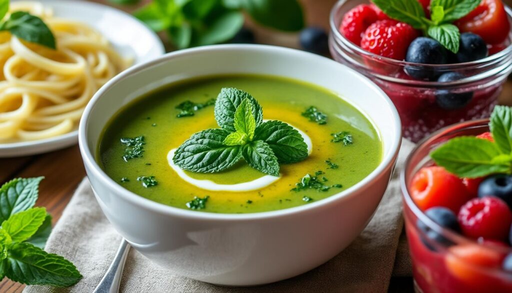 découvrez un menu frais et estival : savourez une soupe froide courgette-menthe, des pâtes à la ricotta parfumées au citron et basilic, puis terminez par une soupe glacée de fruits rouges. idéal pour les journées ensoleillées !