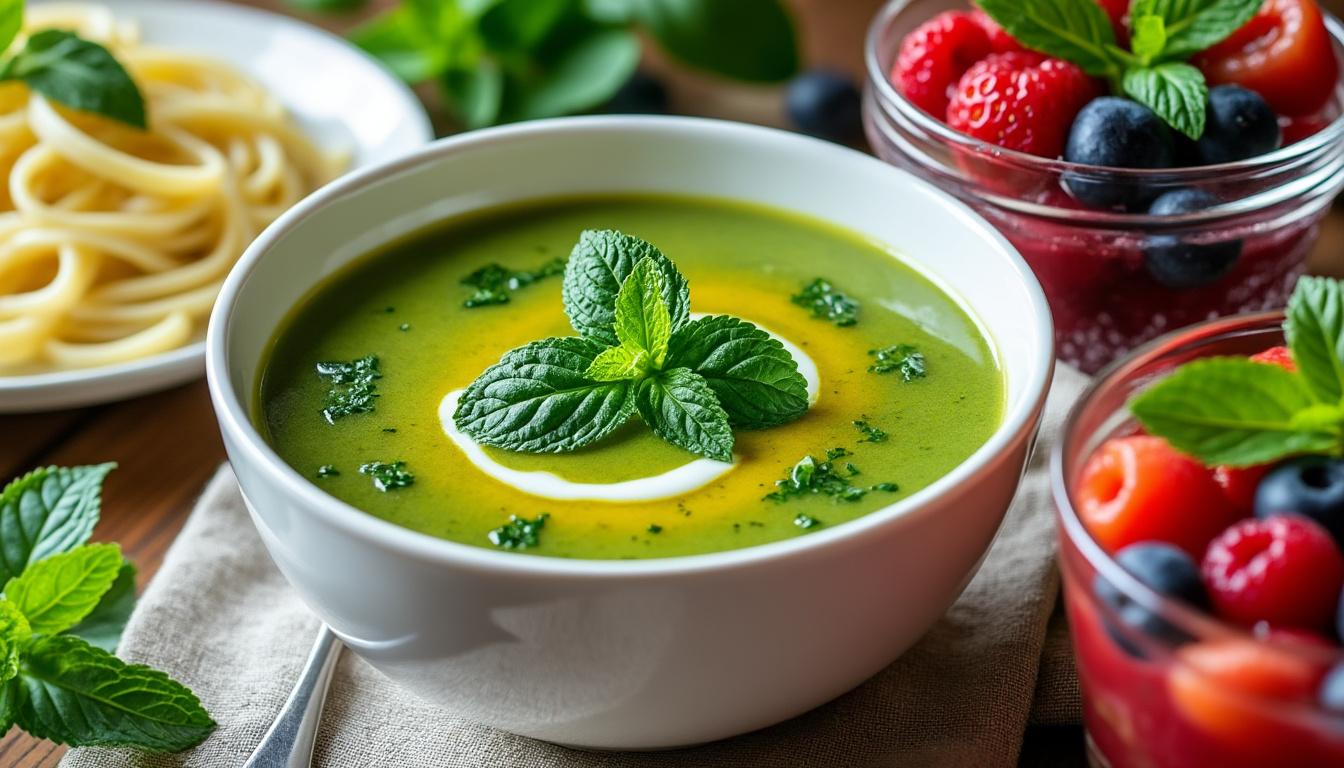 découvrez un menu frais et estival : savourez une soupe froide courgette-menthe, des pâtes à la ricotta parfumées au citron et basilic, puis terminez par une soupe glacée de fruits rouges. idéal pour les journées ensoleillées !