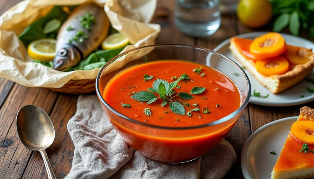 découvrez un menu estival raffiné : savourez une soupe froide de poivrons rôtis, du poisson en papillote au fenouil et citron, suivi d’une délicieuse tarte amandine aux abricots.