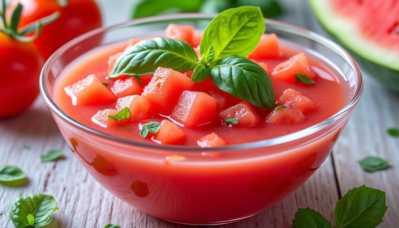 Soupe froide de tomate et pastèque / Pavé de dorade, tomates confites / Tartelette pêche-verveine découvrez un menu estival raffiné : savourez une soupe froide de tomate et pastèque, poursuivez avec un pavé de dorade aux tomates confites, puis terminez sur une note sucrée avec une tartelette pêche-verveine. fraîcheur et gourmandise garanties !