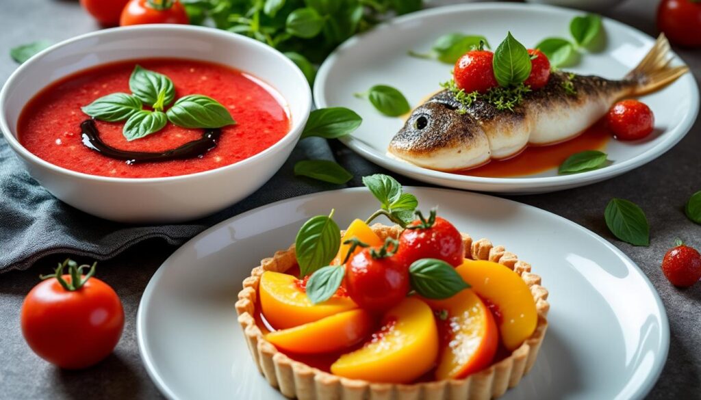 découvrez un menu estival raffiné : soupe froide de tomate et pastèque rafraîchissante, pavé de dorade accompagné de tomates confites, et tartelette pêche-verveine gourmande pour une touche sucrée et parfumée.
