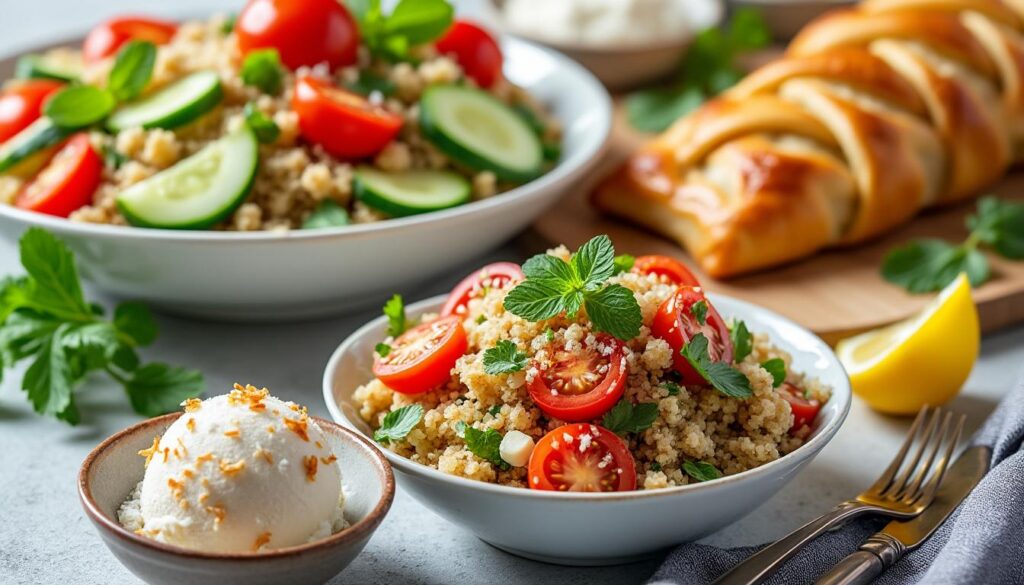 découvrez un menu estival et savoureux : taboulé de quinoa aux tomates et concombre, tresse feuilletée garnie de tomate et mozzarella, accompagné d'une délicieuse glace coco maison. fraîcheur et gourmandise garanties !