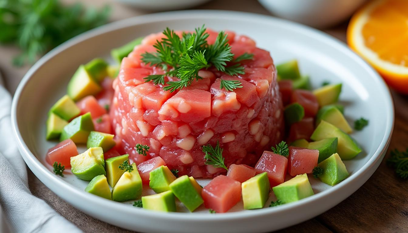 Tartare de thon aux agrumes / Millet aux légumes du soleil / Mousse citron vert savourez un tartare de thon frais sublimé par des agrumes, accompagné d'un millet aux légumes du soleil et d'une mousse légère au citron vert. une expérience culinaire raffinée, saine et gourmande.