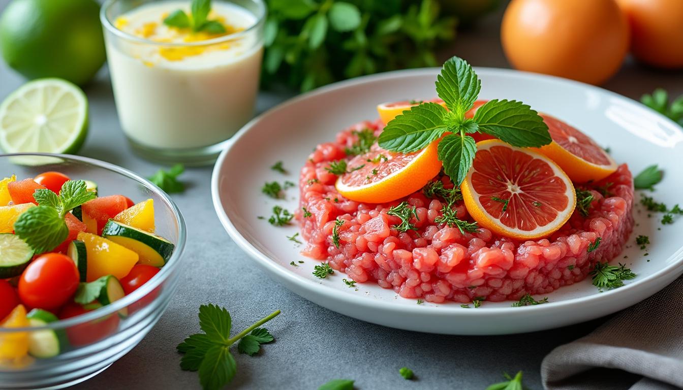 Tartare de thon aux agrumes / Millet aux légumes du soleil / Mousse citron vert découvrez une assiette fraîche et colorée : tartare de thon relevé d'agrumes, accompagné de millet aux légumes du soleil, et une mousse légère au citron vert pour finir en douceur. une explosion de saveurs estivales !