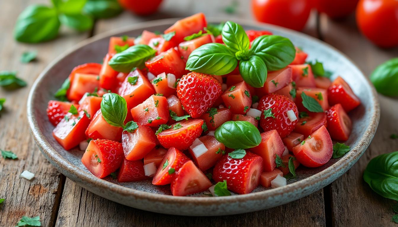 Tartare de tomates et fraises au basilic / Plancha de sardines et poivrons / Granité au citron découvrez un menu estival gourmand : tartare de tomates et fraises au basilic, plancha de sardines et poivrons grillés, suivi d’un granité rafraîchissant au citron. fraîcheur et saveurs assurées !