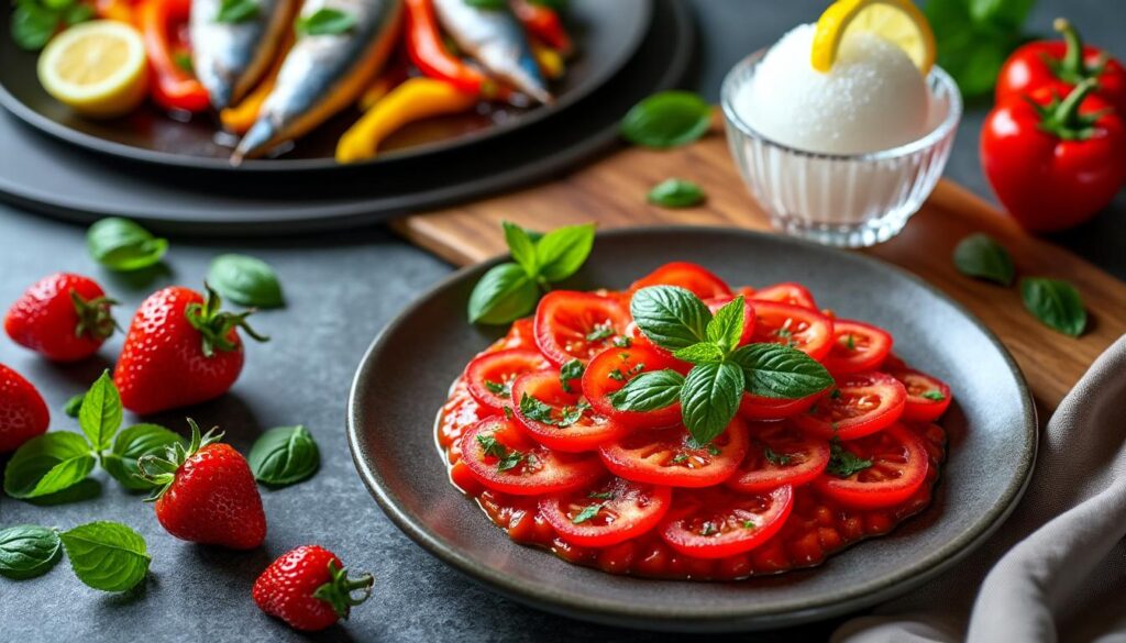 découvrez un menu estival rafraîchissant avec un tartare de tomates et fraises au basilic, suivi d'une plancha de sardines aux poivrons, puis terminez par un granité au citron acidulé.