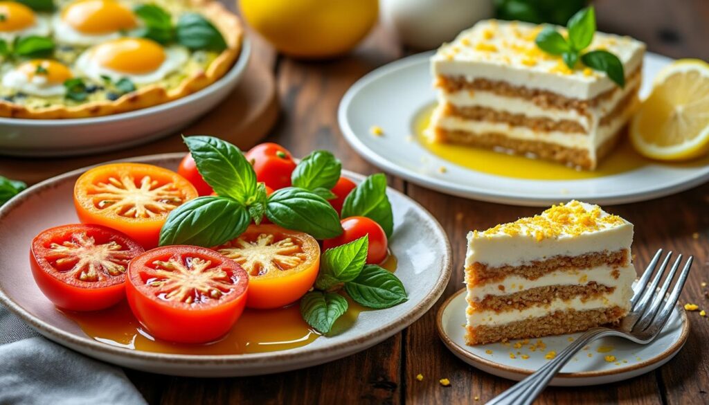 découvrez un menu estival raffiné : tomates ananas relevées d'huile d’olive et basilic, frittata moelleuse aux courgettes et herbes fraîches, suivies d'un tiramisu au citron délicieusement acidulé.