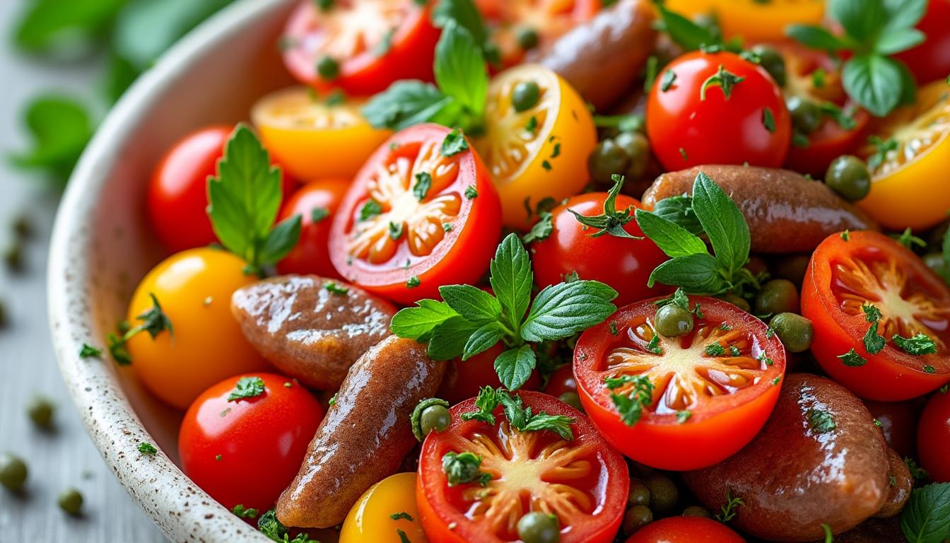 découvrez un menu savoureux : tomates cerises aux anchois et câpres en entrée, boulettes de dinde au citron et origan en plat principal, et une délicieuse panna cotta à la vanille avec un coulis de mûres en dessert. un repas gourmand aux accents méditerranéens !