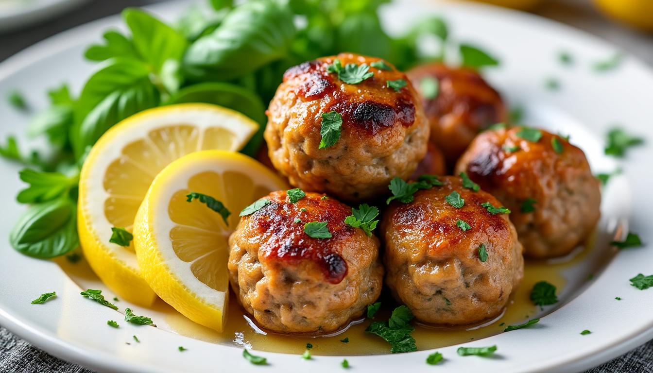 découvrez un menu raffiné : tomates cerises, anchois et câpres en entrée, boulettes de dinde au citron et origan en plat, et panna cotta vanille et coulis de mûres en dessert. saveurs méditerranéennes garanties !