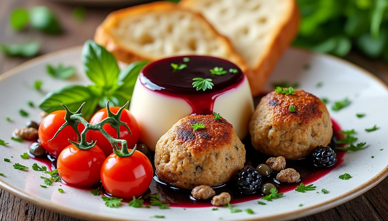 découvrez un menu savoureux : salade de tomates cerises aux anchois et câpres, boulettes de dinde au citron et origan, suivi d’une panna cotta vanillée au coulis de mûres. un trio gourmand, frais et parfumé !