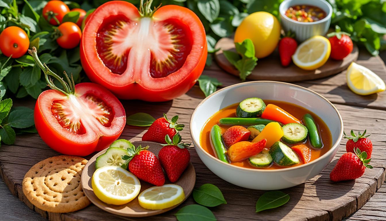 Tomates cœur de bœuf à l’origan / Curry doux de légumes d’été au lait de coco / Verrine fraise, citron et sablé savourez un menu estival raffiné : tomates cœur de bœuf relevées à l’origan, curry doux de légumes d’été au lait de coco, et une verrine gourmande fraise-citron sur sablé. fraîcheur et gourmandise garanties !