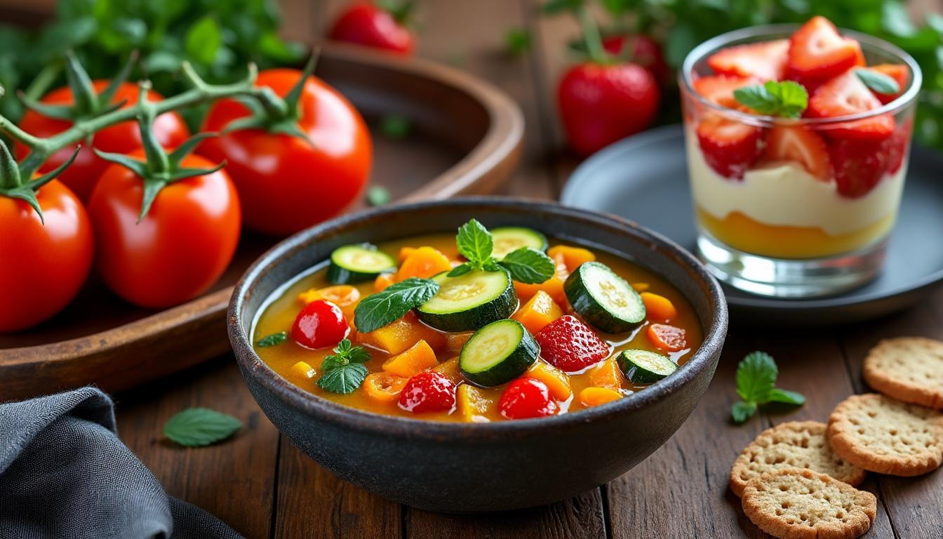 Tomates cœur de bœuf à l’origan / Curry doux de légumes d’été au lait de coco / Verrine fraise, citron et sablé découvrez un menu estival savoureux : tomates cœur de bœuf à l’origan, curry doux de légumes d’été au lait de coco, suivi d’une verrine fraîche fraise, citron et sablé. un voyage gourmand, frais et léger.