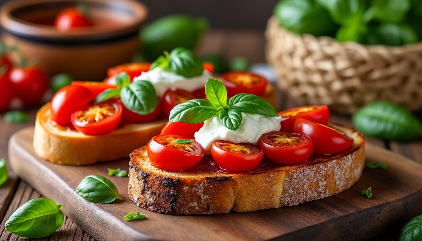 découvrez un menu estival et gourmand : tomates confites accompagnées de ricotta et basilic, hamburger de thon frais savoureux, et soupe glacée de melon rafraîchissante pour une expérience culinaire légère et pleine de saveurs.