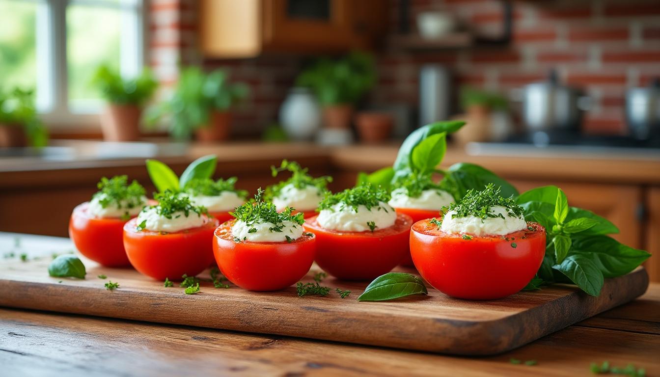 Tomates farcies au chèvre frais / Gratin de courgettes au chèvre et miel / Pavlova fraises-framboises découvrez un menu gourmand avec des tomates farcies au chèvre frais, un gratin de courgettes fondant au chèvre et miel, et une délicieuse pavlova aux fraises et framboises. un trio savoureux pour régaler vos convives !