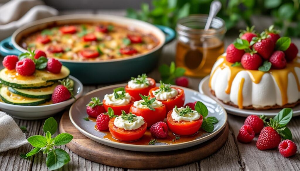 découvrez un menu gourmand alliant tradition et douceur : tomates farcies au chèvre frais, gratin de courgettes fondant au chèvre et miel, et une pavlova légère aux fraises et framboises. des saveurs authentiques pour régaler vos convives !