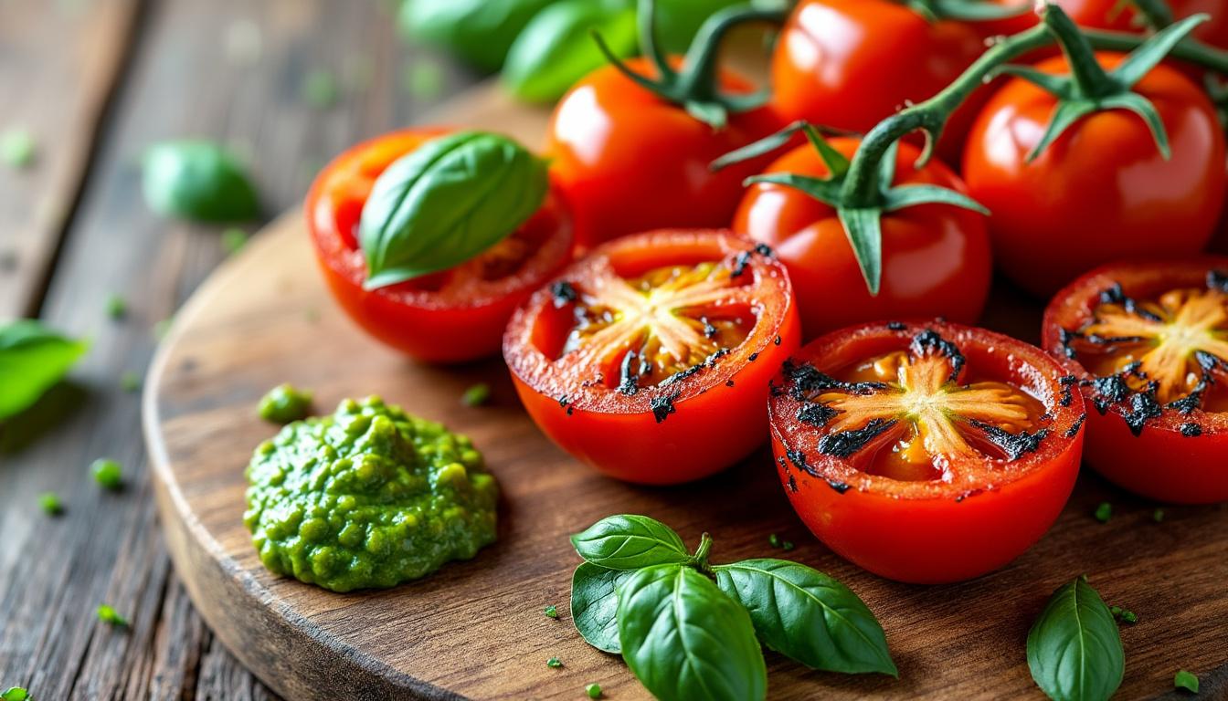 découvrez une expérience gourmande avec des tomates rôties au pesto, une plancha savoureuse de gambas et courgettes, accompagnées d'une délicate crème mascarpone citronnée. un menu raffiné et plein de fraîcheur à savourer.