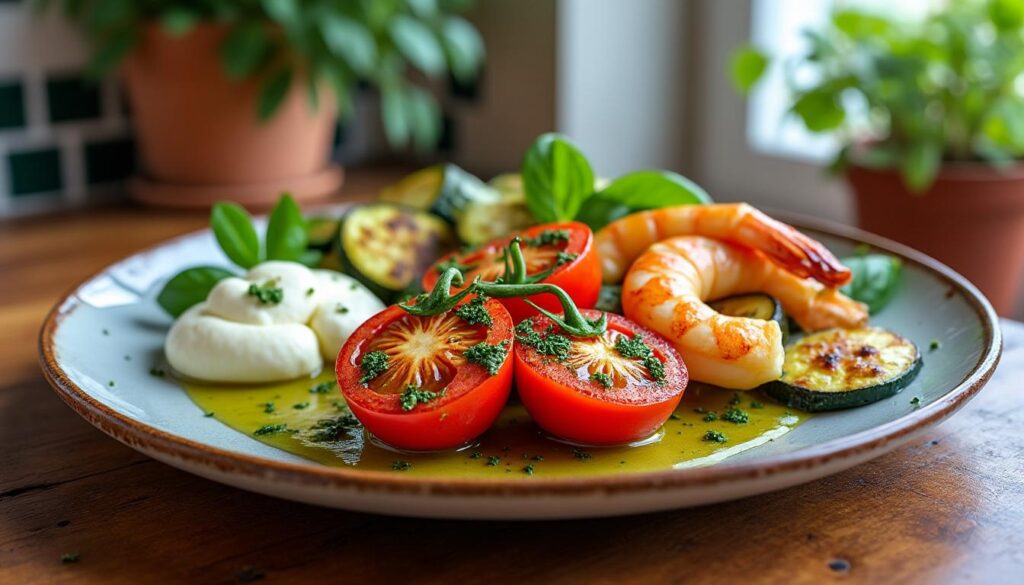 savourez un menu gourmand avec des tomates rôties au pesto, une plancha de gambas et courgettes marinées, accompagnées d'une délicate crème mascarpone citronnée. recette fraîche et ensoleillée, idéale pour régaler vos invités !